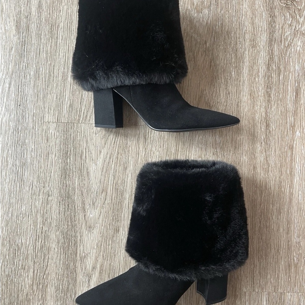 Nine West Black Faux Fur Cuff Pointed Toe Block Heel Ankle Boots - Picture 5 of 10